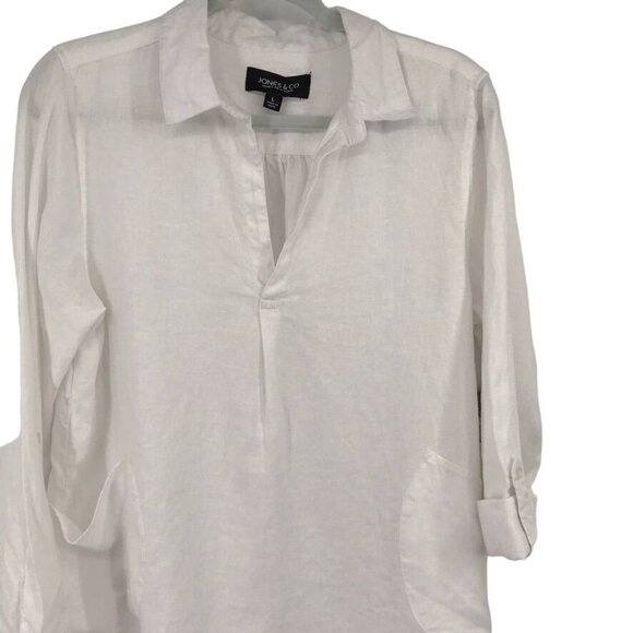 Jones & Co Womens White 100%  Linen  popover Top Size Large roll tab sleeve new - Picture 5 of 10